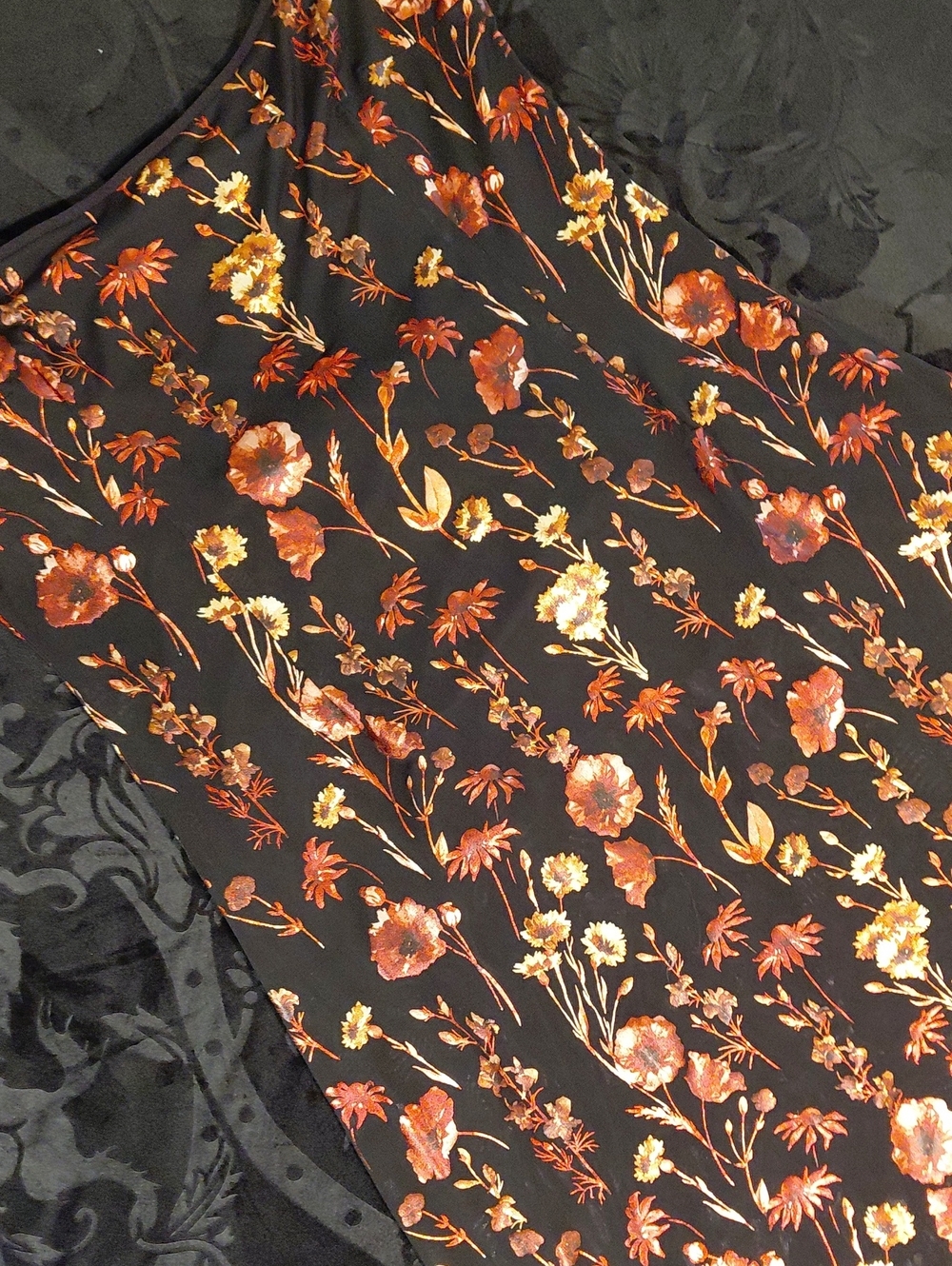 DOLLSKILL CURRENT MOOD MAXI XXL Black Slip Dress with Burnt Orange Floral Print - Picture 10 of 16